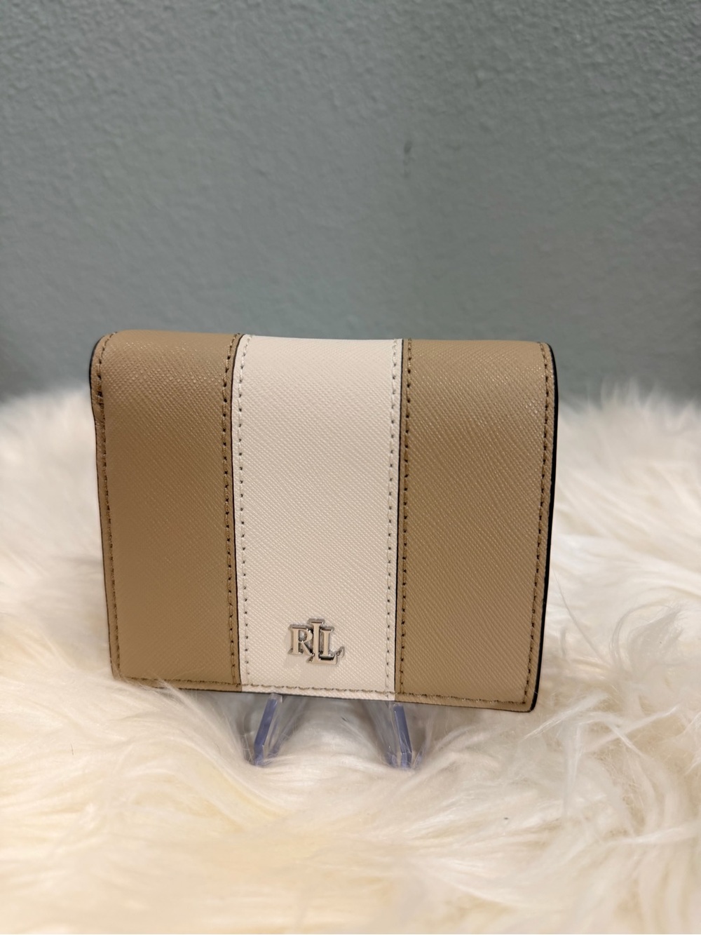 Ralph Lauren Small bifold Wallet Beige and White Stripe Saffiano